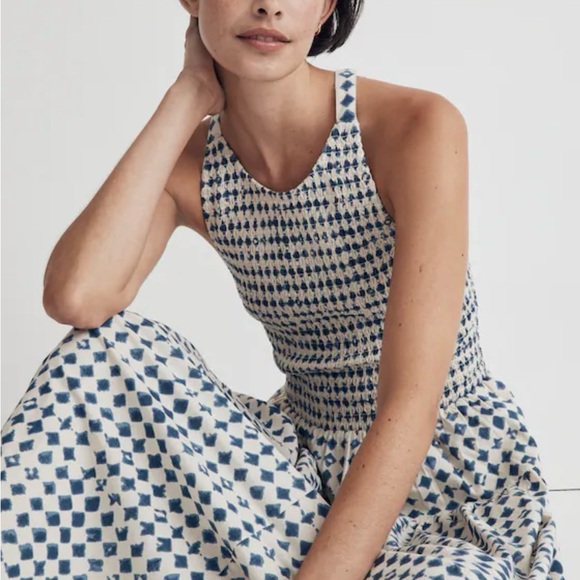 Madewell Dresses & Skirts - Madewell Blue and Cream Smocked Halter Midi Dress